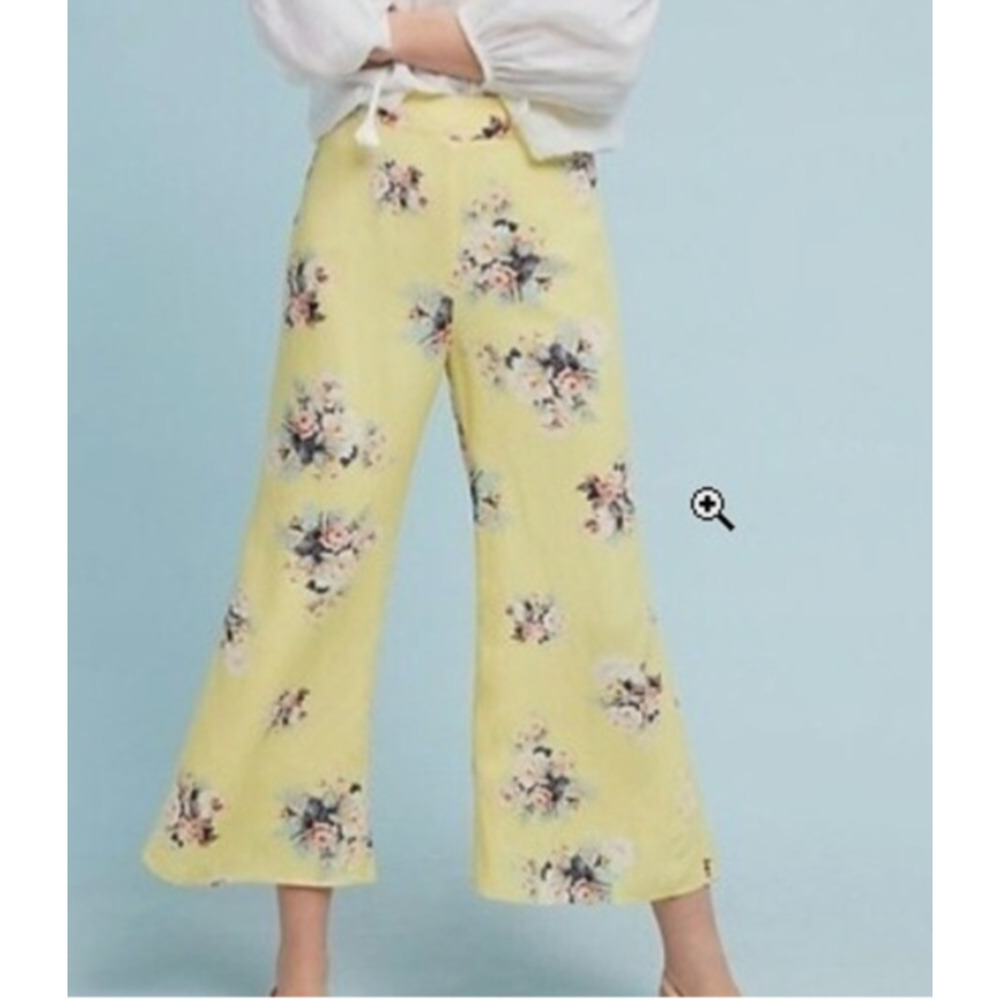 Anthropologie FEATHER BONE SZ 6 Talese Yellow Floral Wide-Leg Crop Pants D28